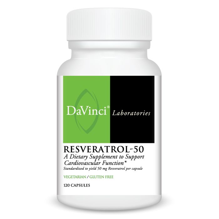 DaVinci Laboratories Resveratrol-50 supplement bottle on a white background