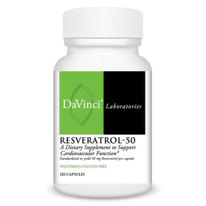 DaVinci Laboratories Resveratrol-50 supplement bottle on a white background