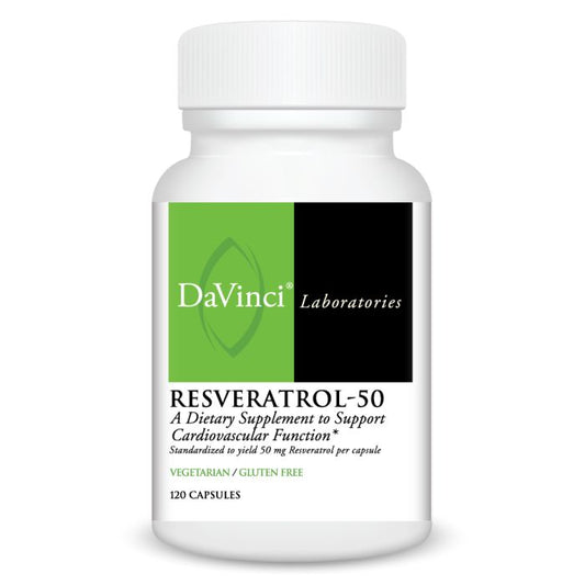 DaVinci Laboratories Resveratrol-50 supplement bottle on a white background