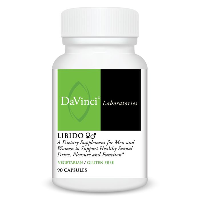 A bottle of DaVinci Laboratories Libido dietary supplement, with green and black labeling, indicating 90 capsules inside.