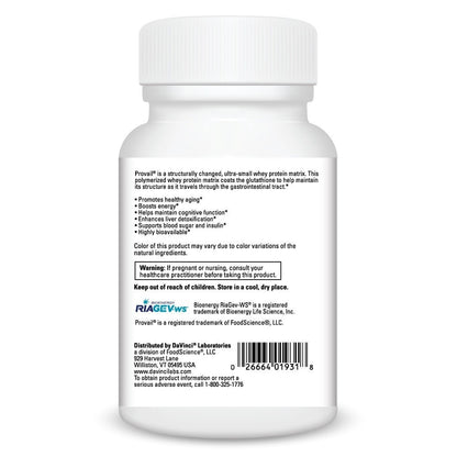 Product information on a bottle of Davinci Labs NAD+Activate with glutathione
