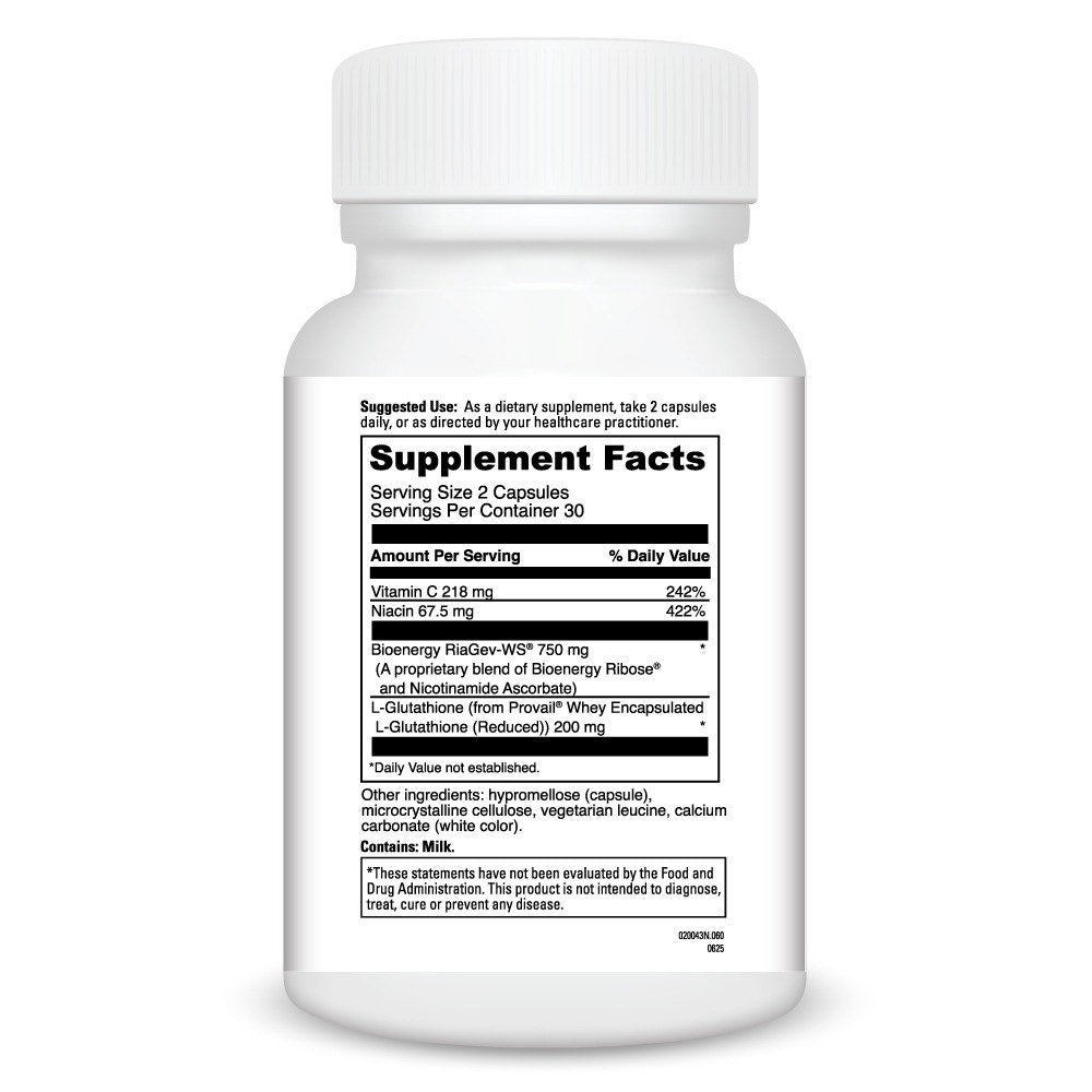 Supplement facts label on a back of a bottle of Davinci Labs NAD+Activate with glutathione