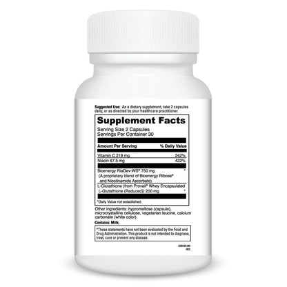 Supplement facts label on a back of a bottle of Davinci Labs NAD+Activate with glutathione