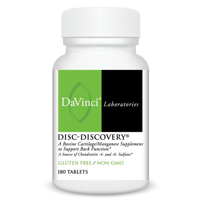 A bottle of DaVinci Laboratories Disc Discovery, a dietary supplement with 180 tablets, marked as gluten-free and non-GMO.