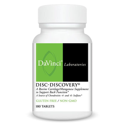 A bottle of DaVinci Laboratories Disc Discovery, a dietary supplement with 180 tablets, marked as gluten-free and non-GMO.