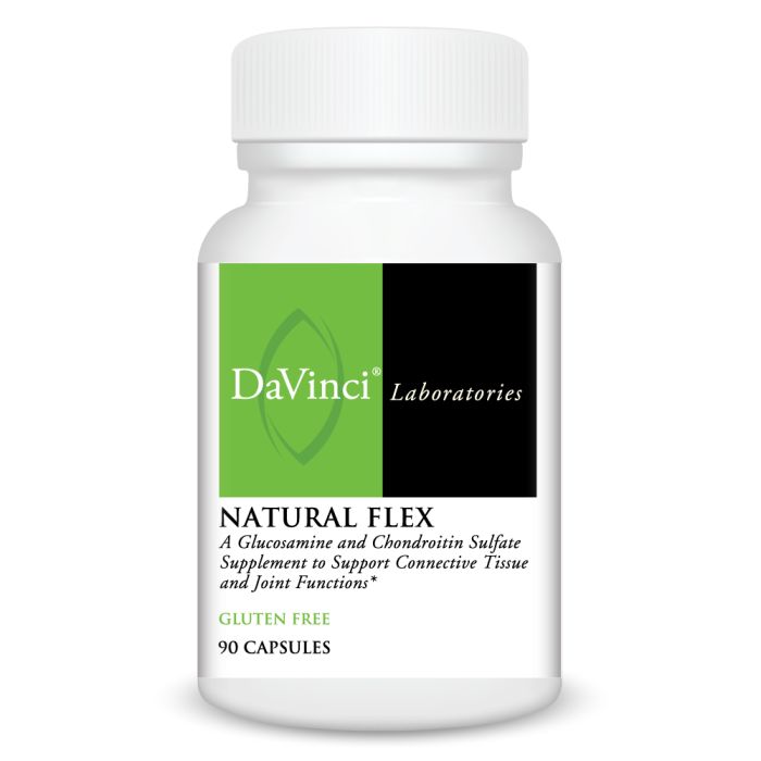 A bottle of DaVinci Laboratories Natural Flex, a dietary supplement with 90 capsules, labeled as gluten-free and supporting joint and connective tissue function.