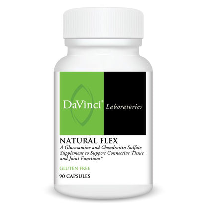 A bottle of DaVinci Laboratories Natural Flex, a dietary supplement with 90 capsules, labeled as gluten-free and supporting joint and connective tissue function.