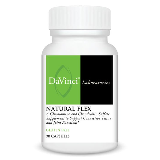 A bottle of DaVinci Laboratories Natural Flex, a dietary supplement with 90 capsules, labeled as gluten-free and supporting joint and connective tissue function.