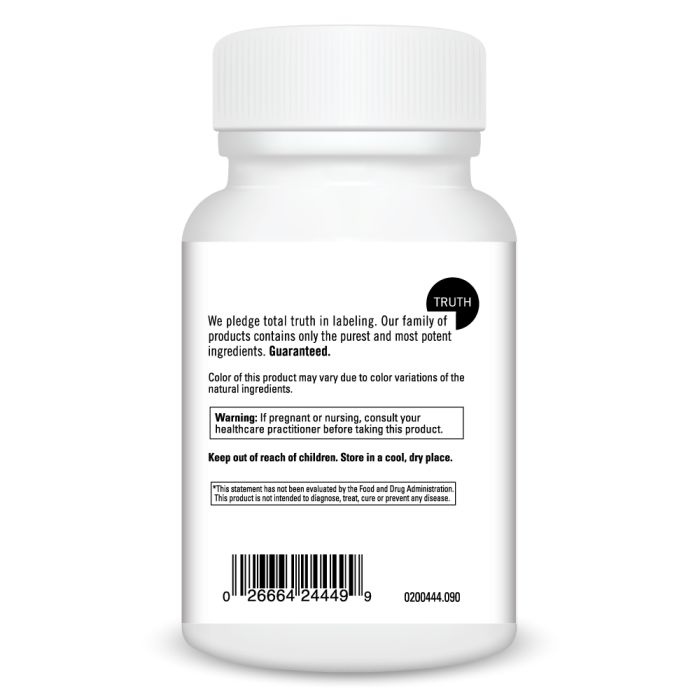 White supplement bottle with label on a white background