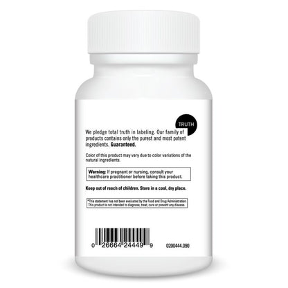 White supplement bottle with label on a white background