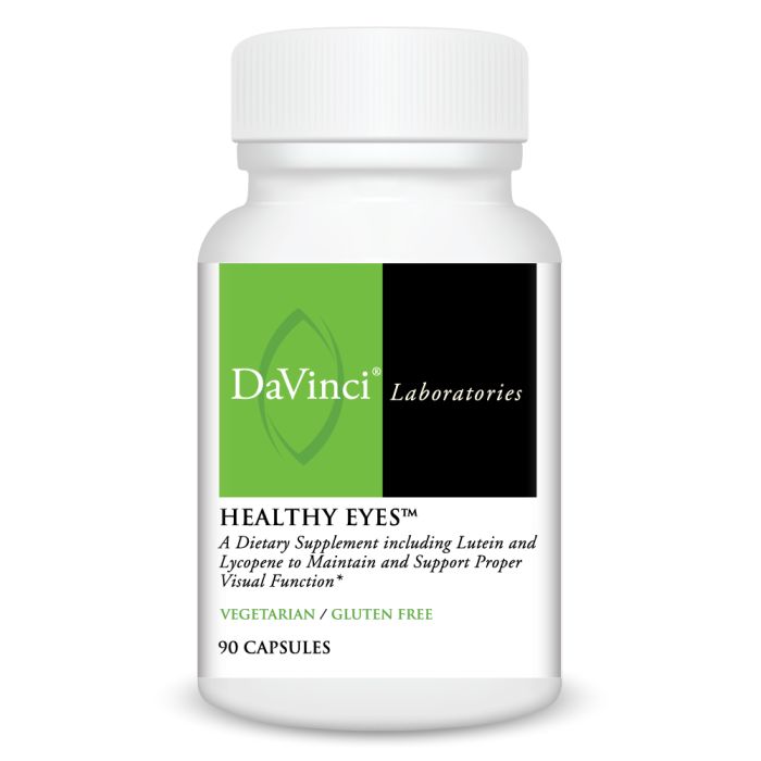 A bottle of Davinci Labs Healthy Eyes dietary supplement, containing 90 capsules for maintaining ocular health.
