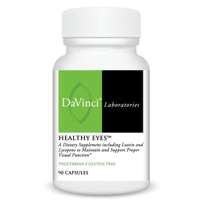 A bottle of Davinci Labs Healthy Eyes dietary supplement, containing 90 capsules for maintaining ocular health.