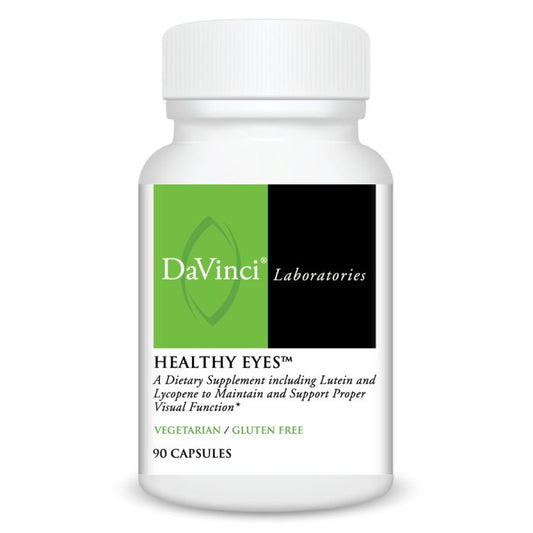 A bottle of Davinci Labs Healthy Eyes dietary supplement, containing 90 capsules for maintaining ocular health.