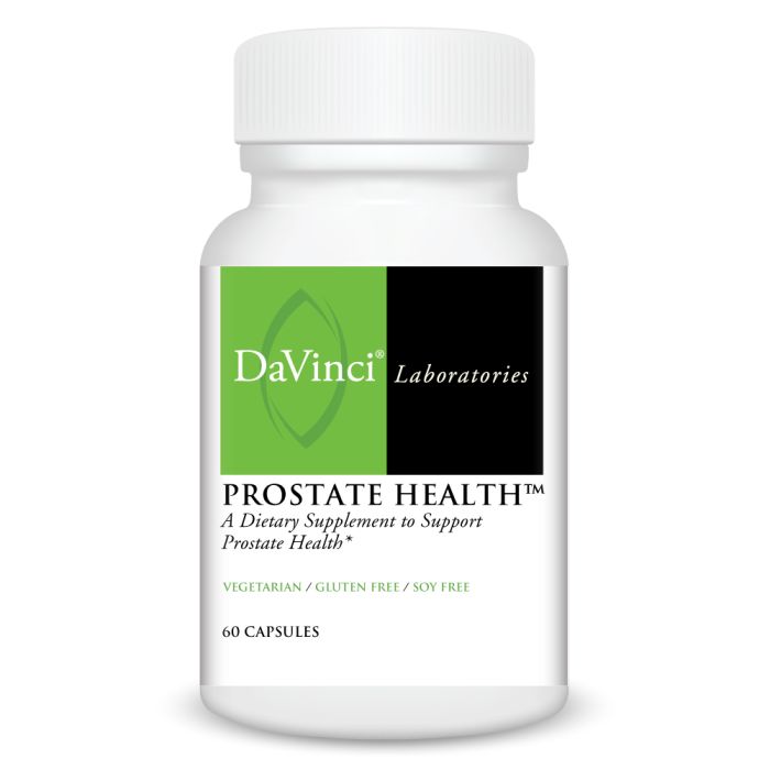 A bottle of DaVinci Laboratories Prostate Health dietary supplement with 60 capsules, labeled as supporting prostate health with natural ingredients.