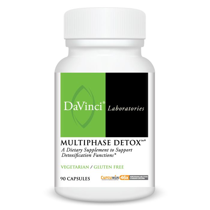 A bottle of DaVinci Laboratories Multiphase Detox, with 90 capsules, marked as vegan and gluten-free.