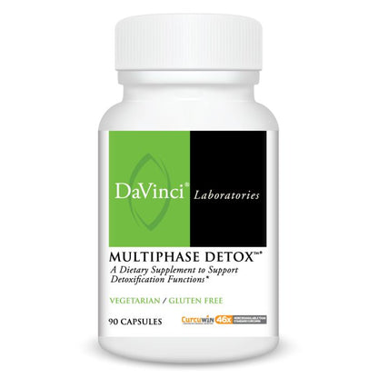 A bottle of DaVinci Laboratories Multiphase Detox, with 90 capsules, marked as vegan and gluten-free.
