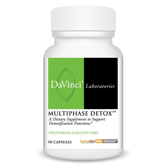 A bottle of DaVinci Laboratories Multiphase Detox, with 90 capsules, marked as vegan and gluten-free.