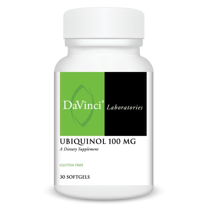 A bottle of DaVinci Laboratories Ubiquinol 100 mg dietary supplement with 30 softgels, labeled as gluten-free.