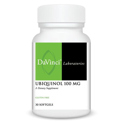 A bottle of DaVinci Laboratories Ubiquinol 100 mg dietary supplement with 30 softgels, labeled as gluten-free.