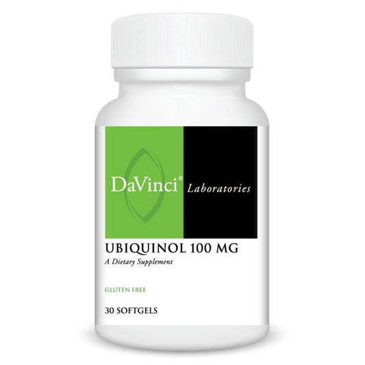 A bottle of DaVinci Laboratories Ubiquinol 100 mg dietary supplement with 30 softgels, labeled as gluten-free.