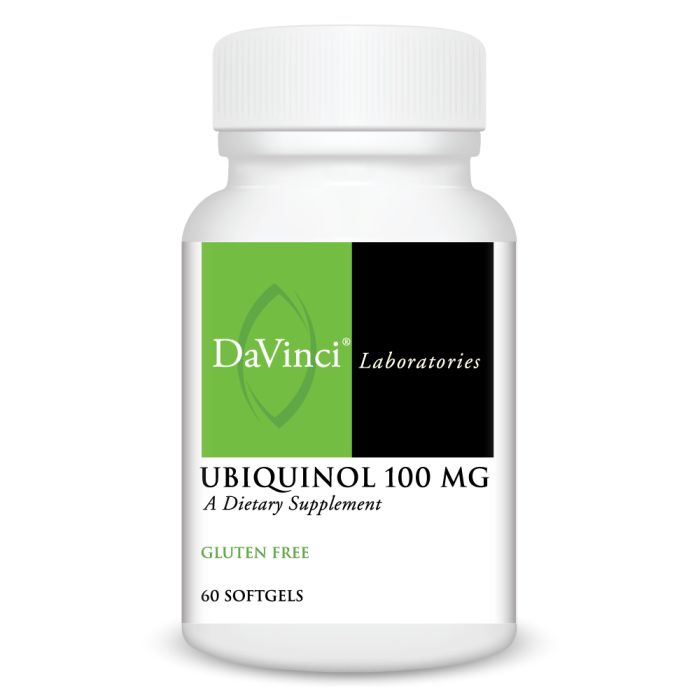 DaVinci Laboratories Ubiquinol 100 mg dietary supplement bottle on a white background