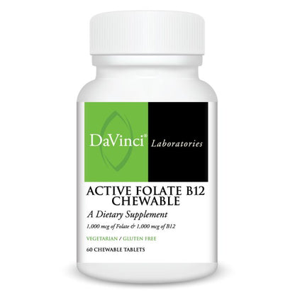 A bottle of DaVinci Laboratories Active Folate B12 Chewable, containing 60 chewable tablets, with a label indicating it is a dietary supplement and vegetarian/gluten-free.