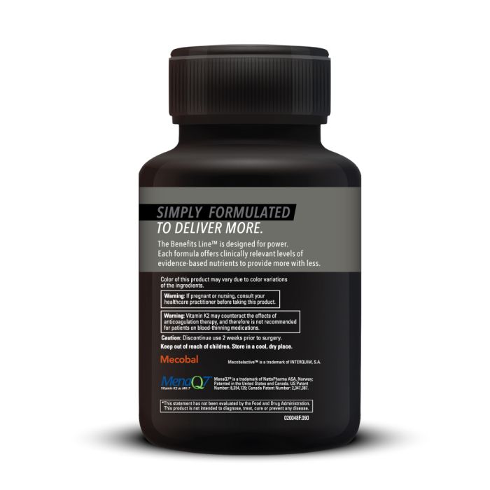 Black supplement bottle with text on a white background