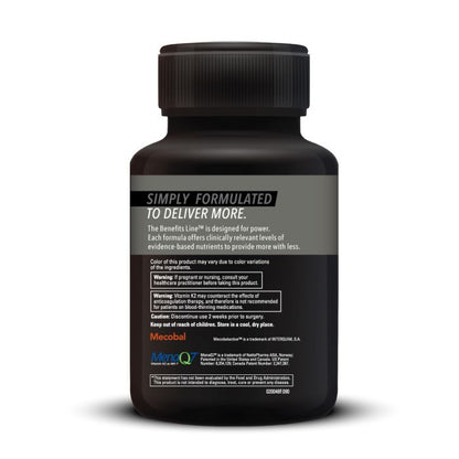 Black supplement bottle with text on a white background