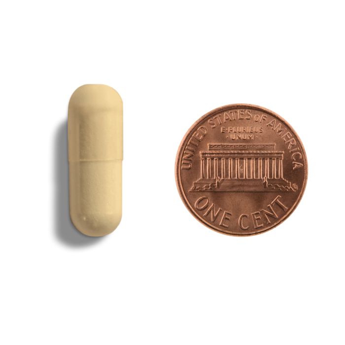 Gold capsule pill next to a copper penny on a white background
