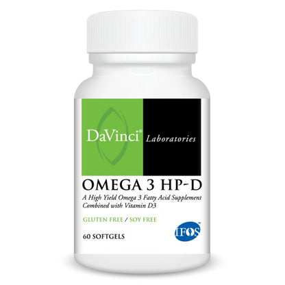 A bottle of DaVinci Laboratories Omega 3 HP-D, which contains lemon-flavored softgels with Omega-3 fatty acids and Vitamin D3, indicated for supporting various health aspects.