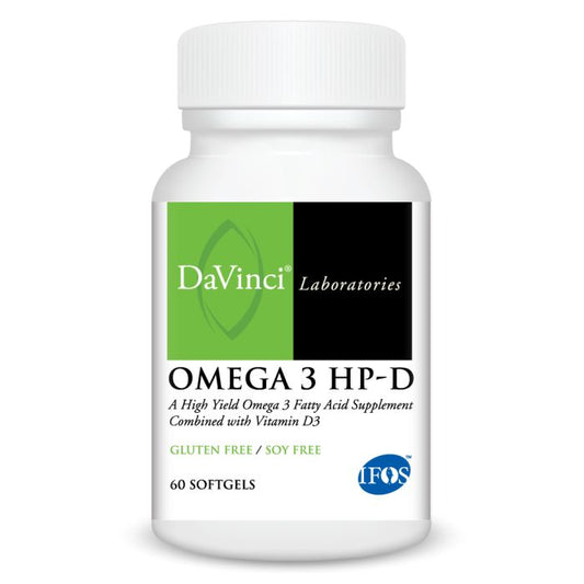 A bottle of DaVinci Laboratories Omega 3 HP-D, which contains lemon-flavored softgels with Omega-3 fatty acids and Vitamin D3, indicated for supporting various health aspects.