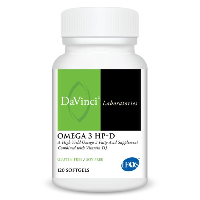 DaVinci Laboratories Omega 3 HP-D supplement bottle on a white background