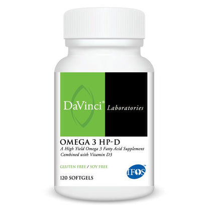 DaVinci Laboratories Omega 3 HP-D supplement bottle on a white background