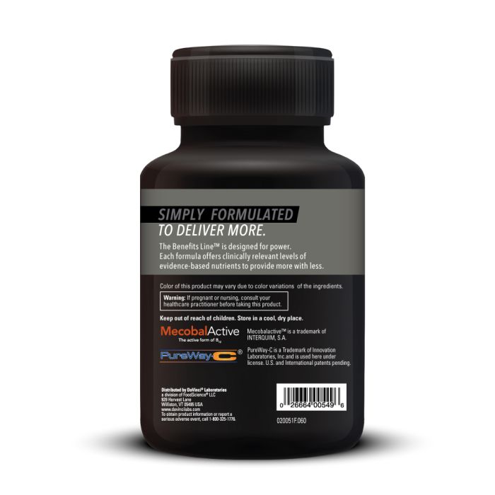 Black supplement bottle with text on a white background