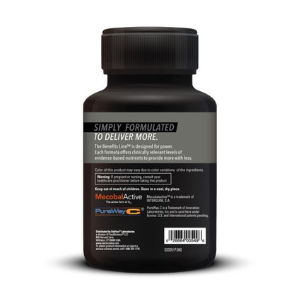 Black supplement bottle with text on a white background