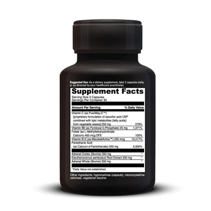 Supplement bottle with black label on white background