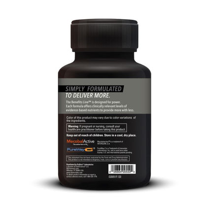 Black supplement bottle with label on a white background