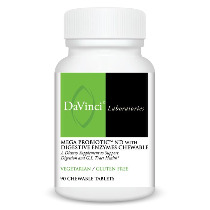 A bottle of DaVinci Laboratories Mega Probiotic ND with Digestive Enzymes Chewable in orange flavor, containing 90 tablets.