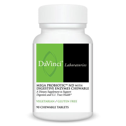A bottle of DaVinci Laboratories Mega Probiotic ND with Digestive Enzymes Chewable in orange flavor, containing 90 tablets.