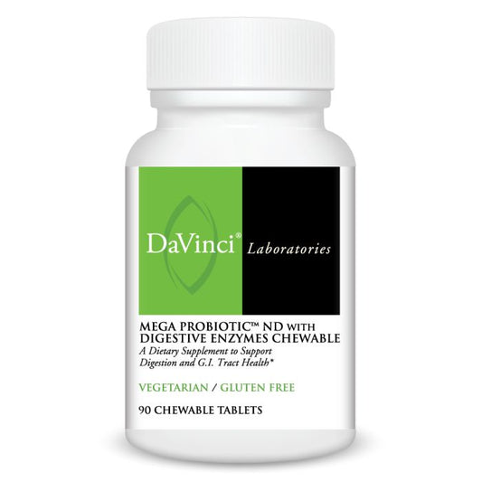 A bottle of DaVinci Laboratories Mega Probiotic ND with Digestive Enzymes Chewable in orange flavor, containing 90 tablets.