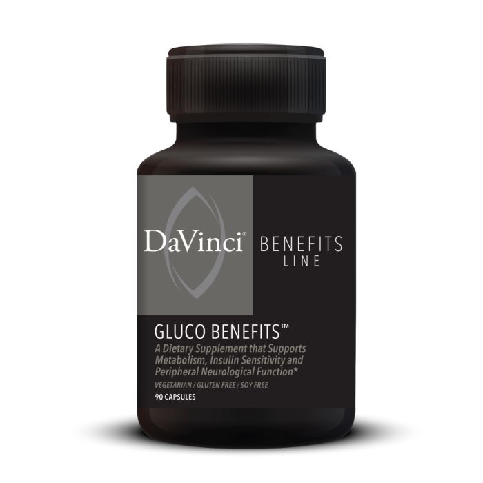 A bottle of Davinci Labs Gluco Benefits dietary supplement with 90 capsules, labeled as supporting metabolic and neurological functions.