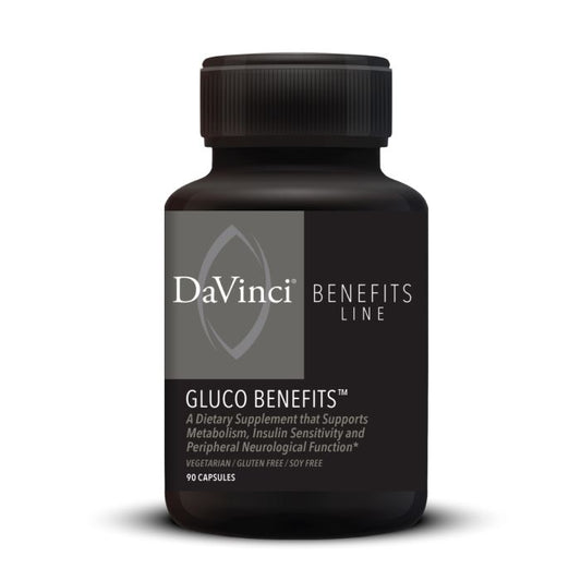 A bottle of Davinci Labs Gluco Benefits dietary supplement with 90 capsules, labeled as supporting metabolic and neurological functions.