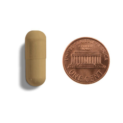 Copper-colored pill and penny on a white background
