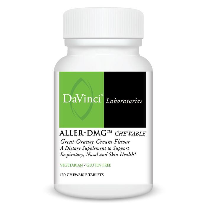 A bottle of DaVinci Laboratories Aller-DMG Chewable tablets with orange cream flavor, designed to support respiratory, nasal, and skin health. The bottle contains 120 chewable tablets and is marked as vegetarian and gluten-free.