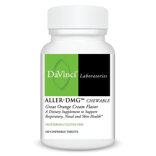 A bottle of DaVinci Laboratories Aller-DMG Chewable tablets with orange cream flavor, designed to support respiratory, nasal, and skin health. The bottle contains 120 chewable tablets and is marked as vegetarian and gluten-free.