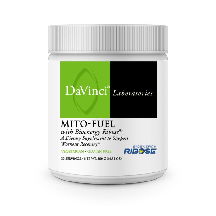 A container of Davinci Labs Mito-Fuel, a dietary supplement to support mitochondrial function and recovery, with various ingredients listed on the label.