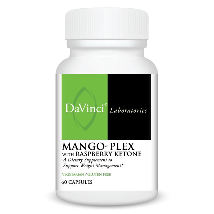 A bottle of DaVinci Laboratories Mango-Plex with Raspberry Ketone, a dietary supplement for weight management, containing 60 capsules.