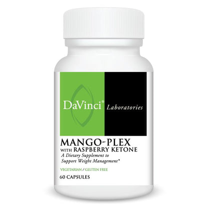 A bottle of DaVinci Laboratories Mango-Plex with Raspberry Ketone, a dietary supplement for weight management, containing 60 capsules.