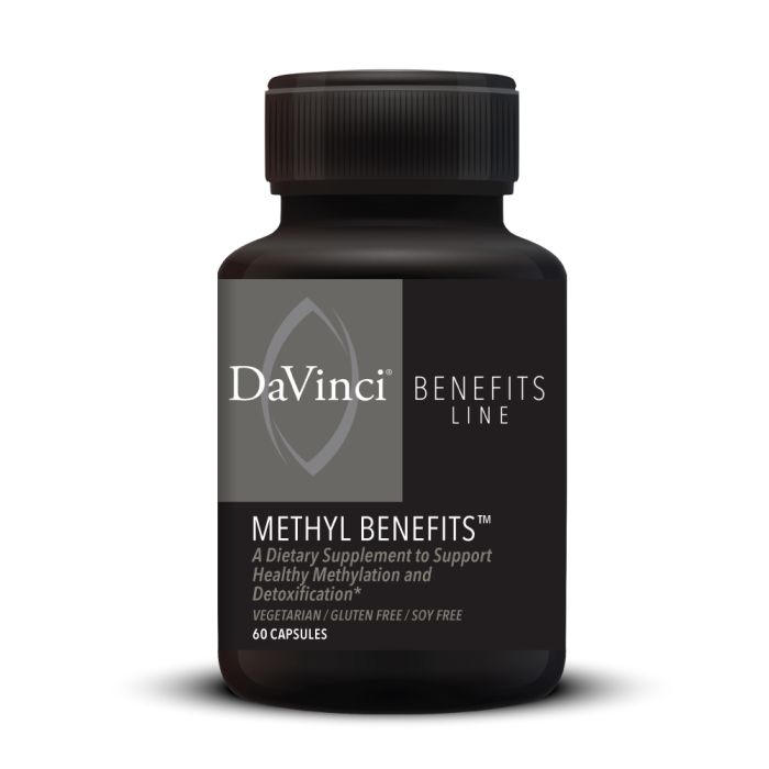 A black bottle of DaVinci Labs Methyl Benefits dietary supplement with capsules inside, labeled as a product to support healthy methylation and detoxification.