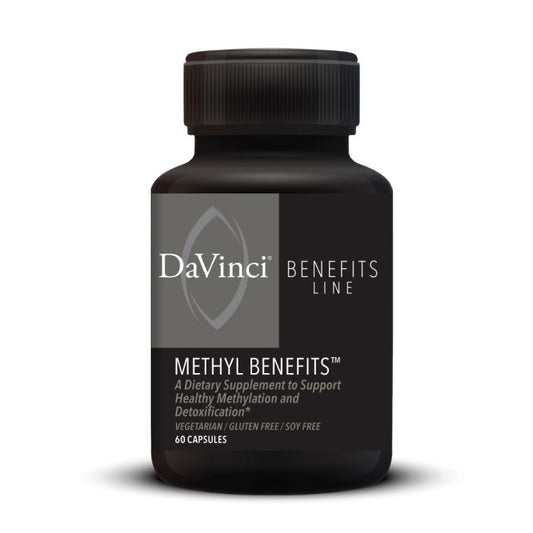 A black bottle of DaVinci Labs Methyl Benefits dietary supplement with capsules inside, labeled as a product to support healthy methylation and detoxification.